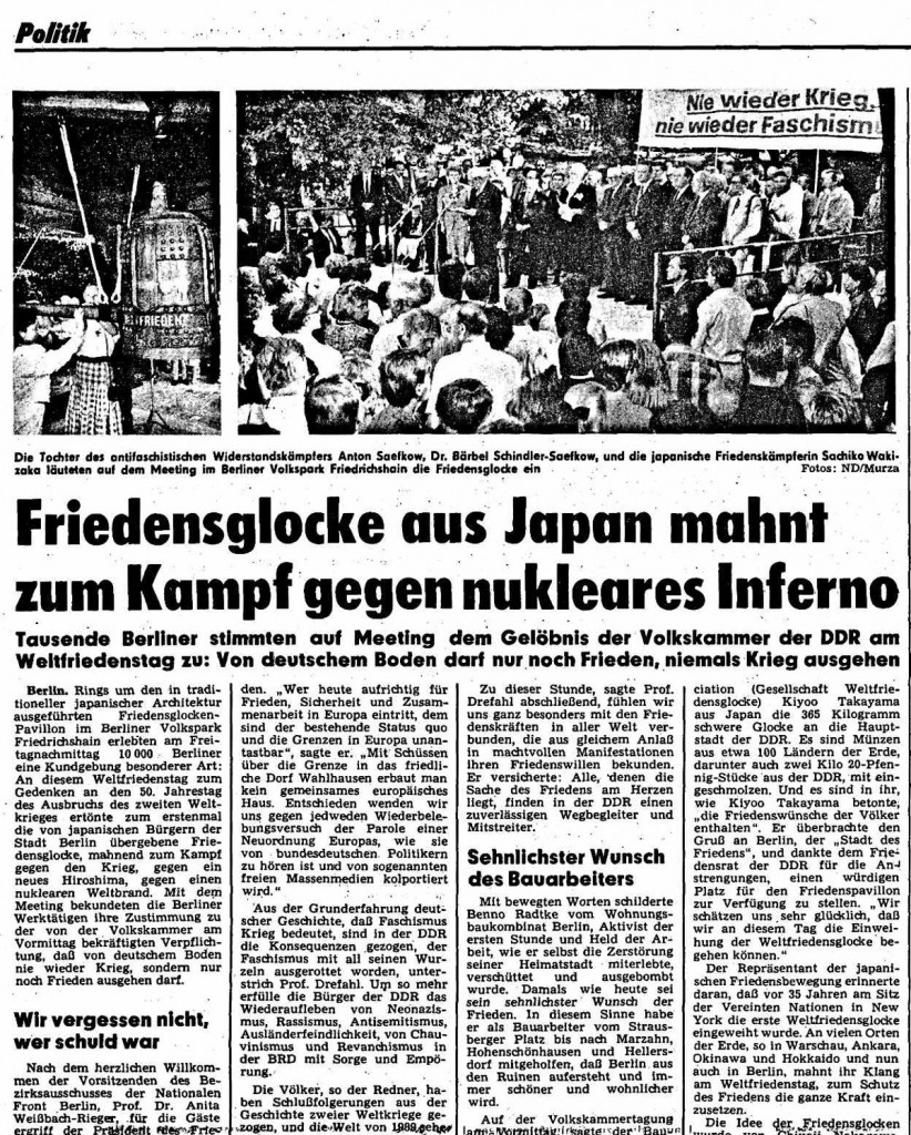 Das Neue Deutschland berichtet am 2./3. September 1989 in gewohnt kämpferischen Worten über die Weihe der Friedensglocke.