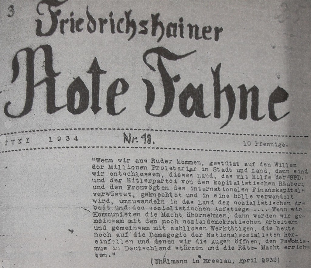 Eine Ausgabe der Friedrichshainer Rote Fahne von 1934 / Quelle: „Widerstand in Friedrichshain“ S. 122 keine nähere Angabe zum Repro /