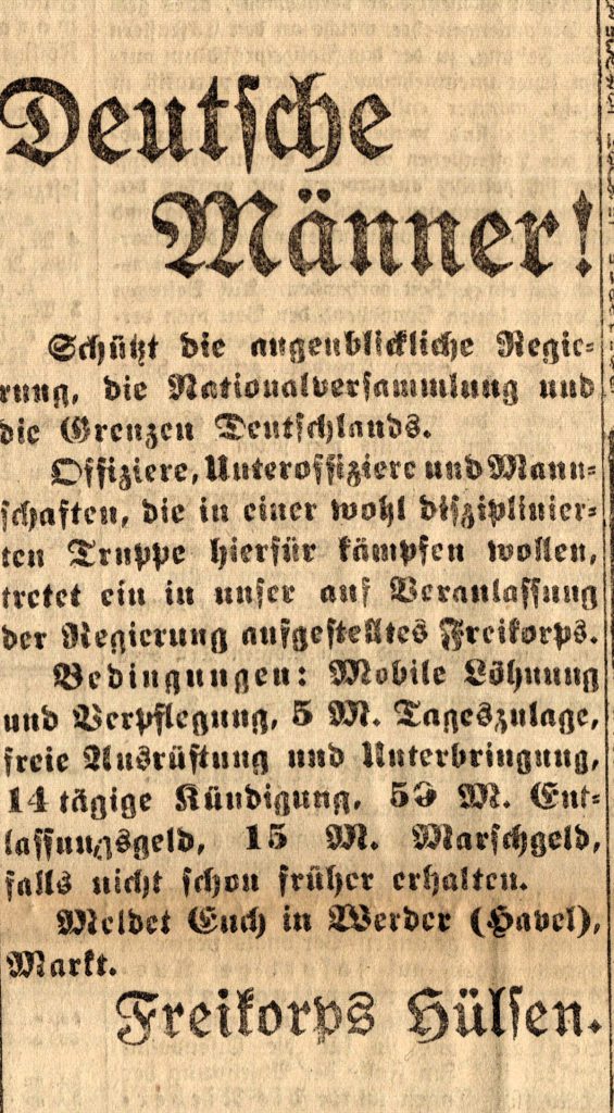 Werbeanzeige für Freikorps, Quelle: Berliner Mittagszeitung