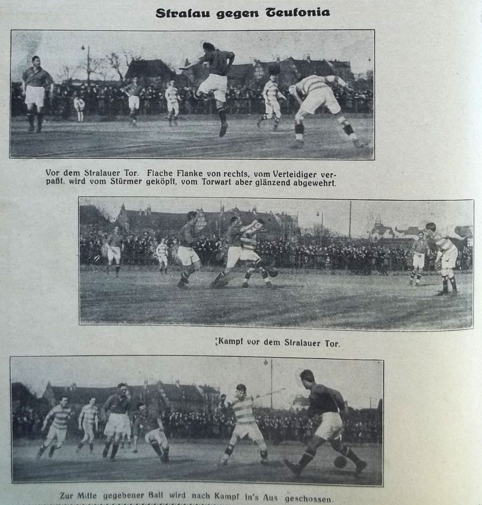 SV Stralau 1910 (in gestreiften Jerseys) – BFC Teutonia 09 4:1 (0:0) am 5. April 1925 | Quelle: . Freie Sportwoche, 29. April 1925