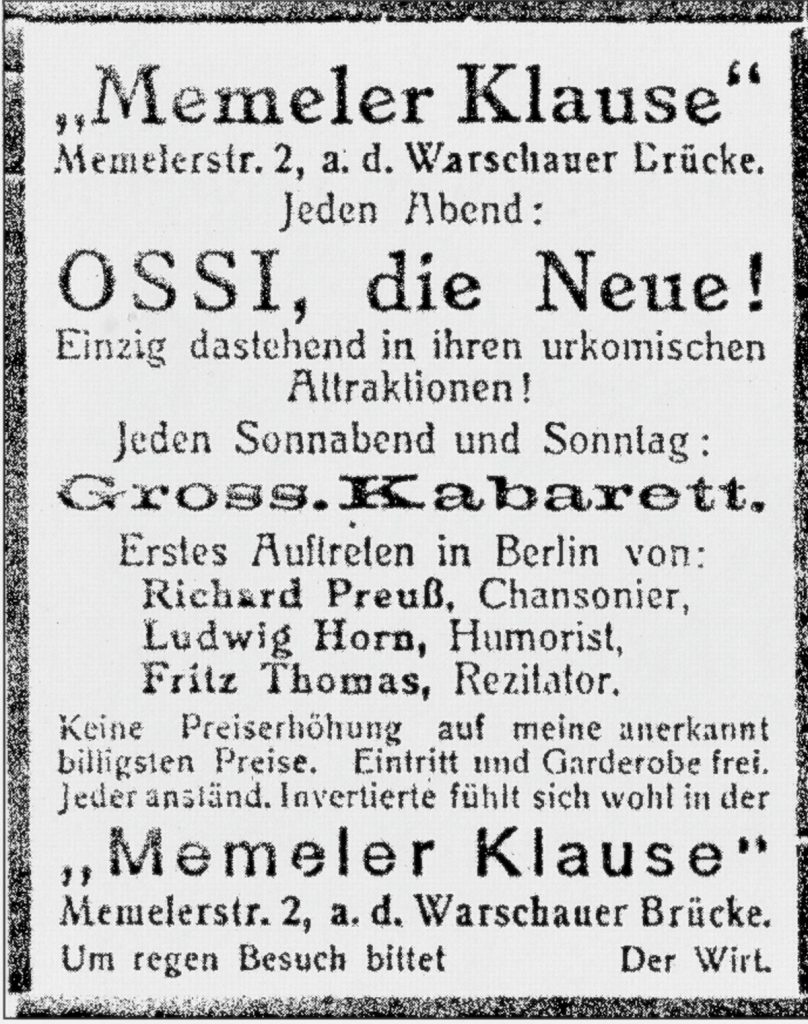 Die Klause in Berlin Friedrichshain in den 20iger Jahren| Quelle: Werbeanzeige in der Zeitschrift Fanfare