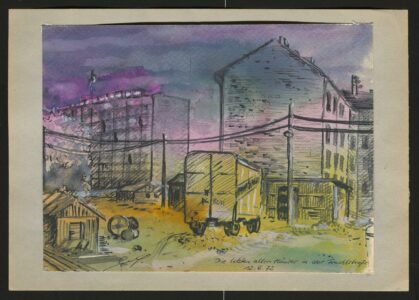 Letzte Häuser der Fruchtstraße. 1972, Zeichnung auf mit Aquarellfarbe getöntem Papier, mit Deckweiß gehöht, 24,5 x 18,5 cm. Heute Straße der Pariser Kommune, im Hintergrund der Neubau des ND-Gebäudes