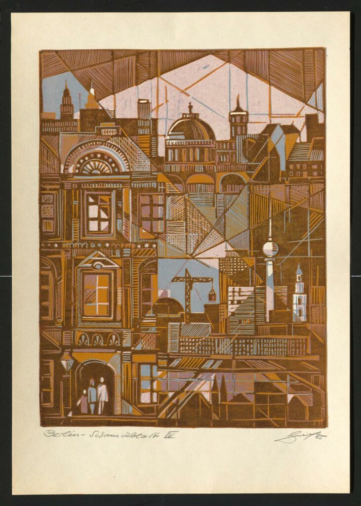 Berliner Schmuckblatt IV, Linolschnitt 1985, 18 x 23,5cm Von diesem Motiv bestehen vier Versionen mit unterschiedlichen Farben.